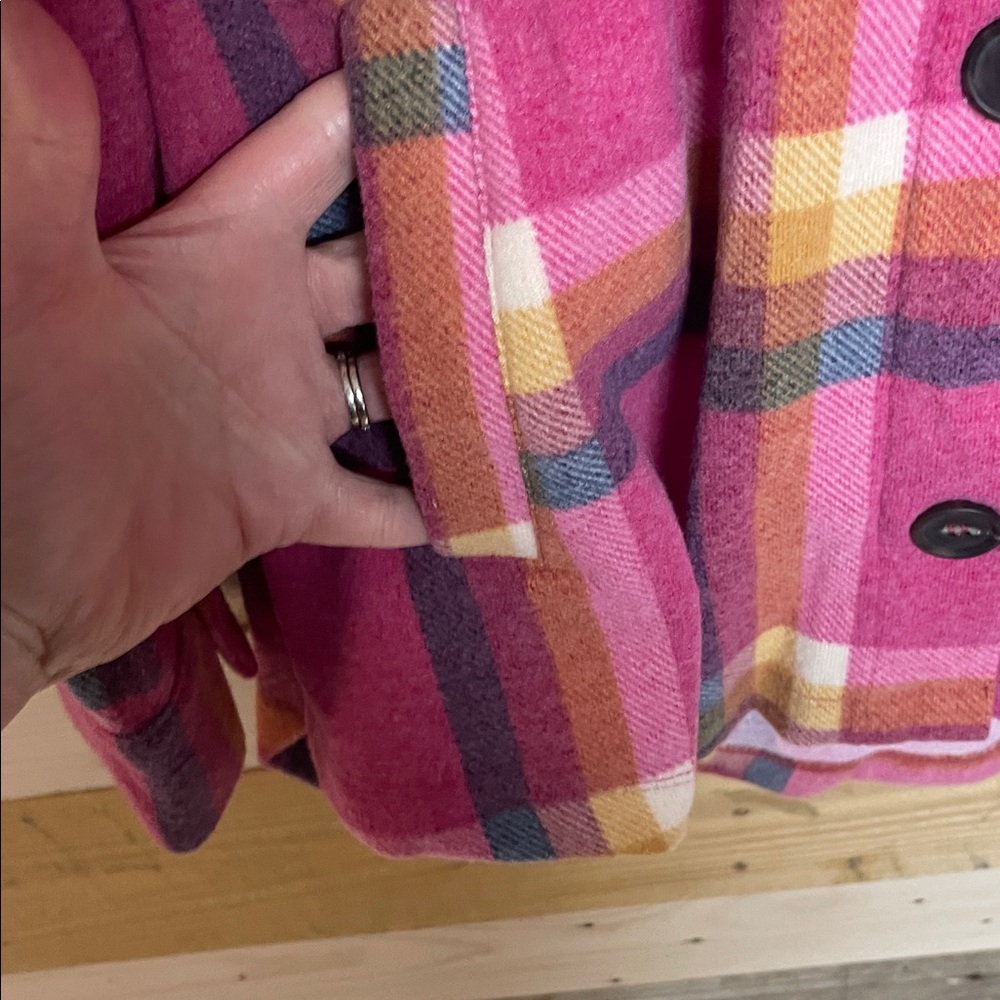 Zenana size XL Pink and Orange Plaid Fleece Button Down Shirt with Pockets - Picture 6 of 10